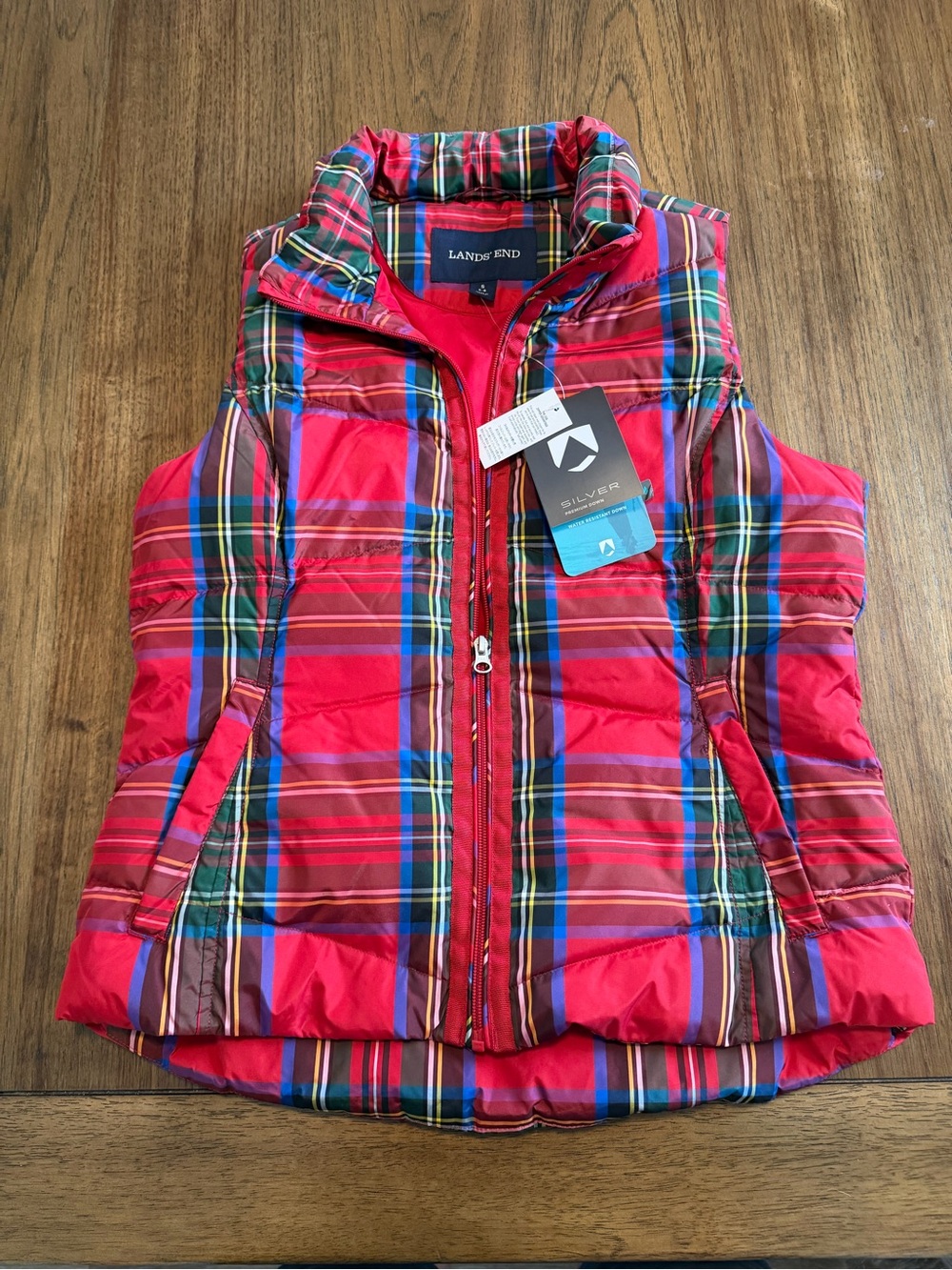 Lands' End Red Multicolor Plaid Puffer Vest